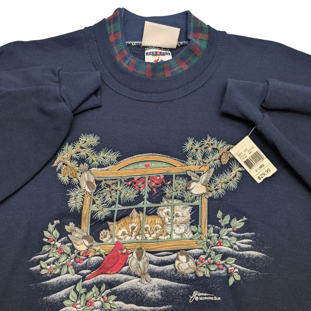 NWT Vintage Morning Sun Sweatshirt Women XL Navy Blue Kittens Birds Winter